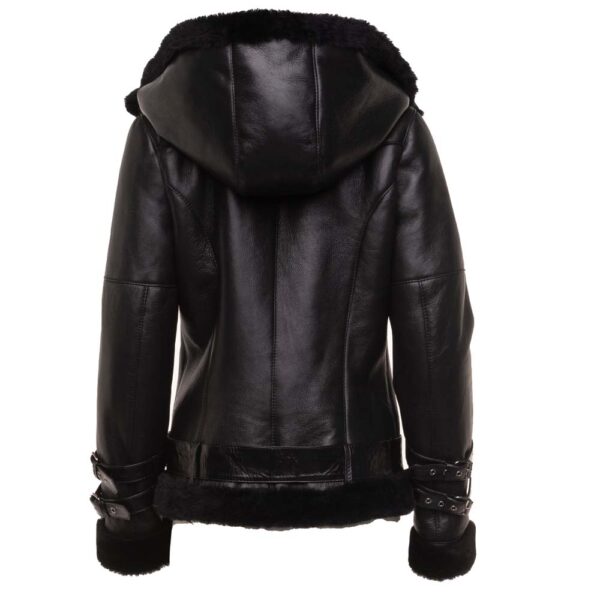 Sofie’s black biker style sheepskin shearling jacket with hoodie - Image 5