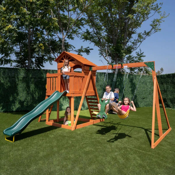 Sportspower Oak Grove Wooden Swing Set with Lifetime Warranty on 8′ Blow Molded Slide