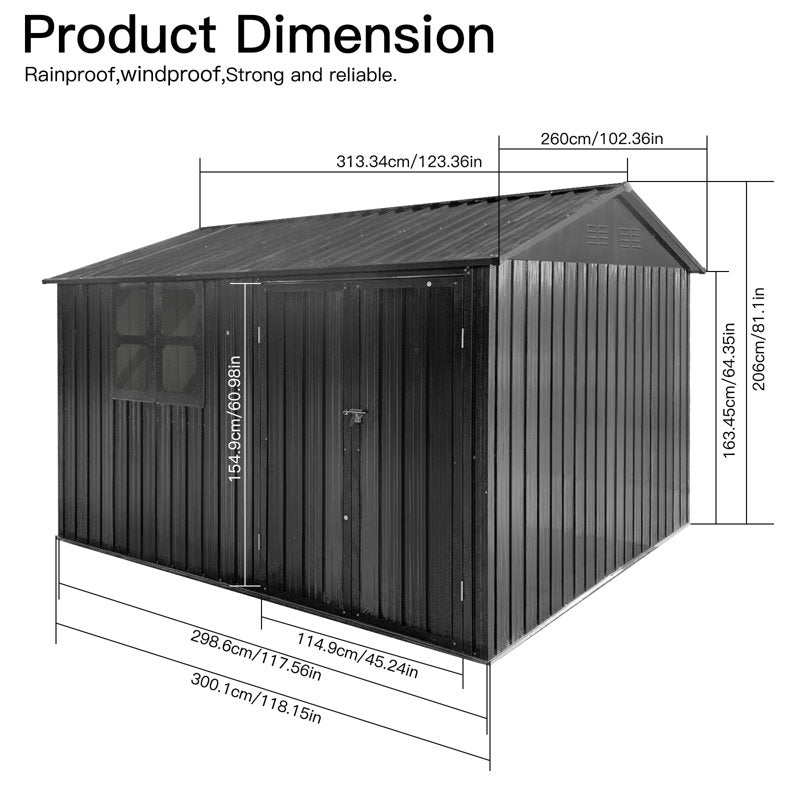 Storage Shed with Window, 10’x8′ Metal Outdoor Storage Shed for Backyard, Metal Shed for Tool, Black - Image 6