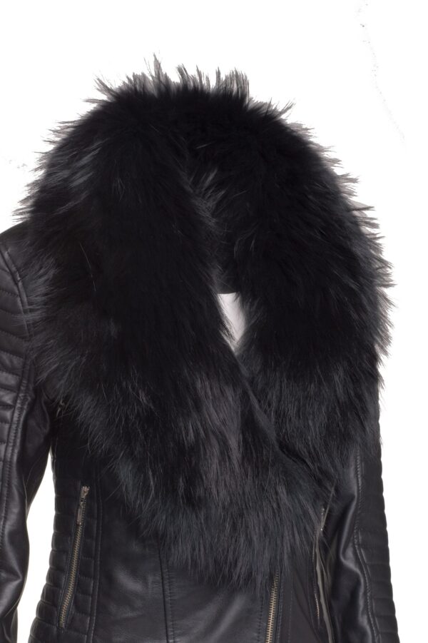 Amarah’s Large Fur Shawl leather jacket with ribbed sleeve detailing - Image 4