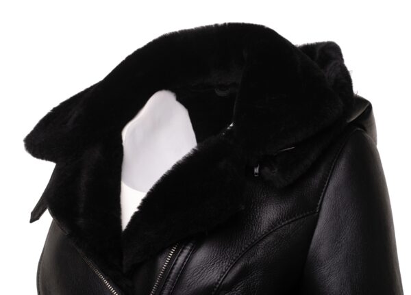 Sofie’s black biker style sheepskin shearling jacket with hoodie - Image 6