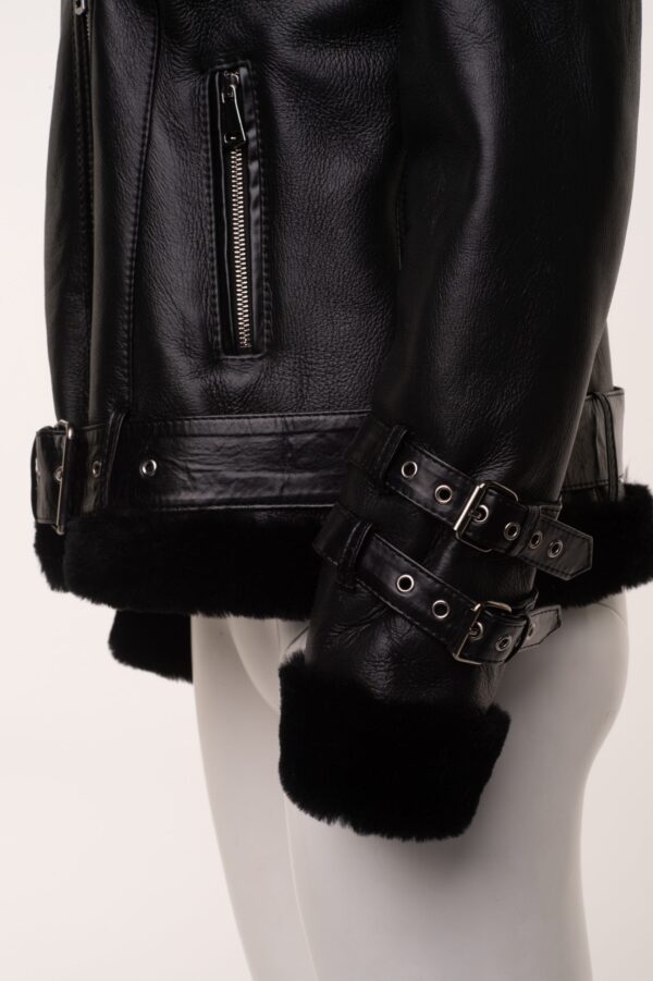 Sofie’s black biker style sheepskin shearling jacket with hoodie - Image 7