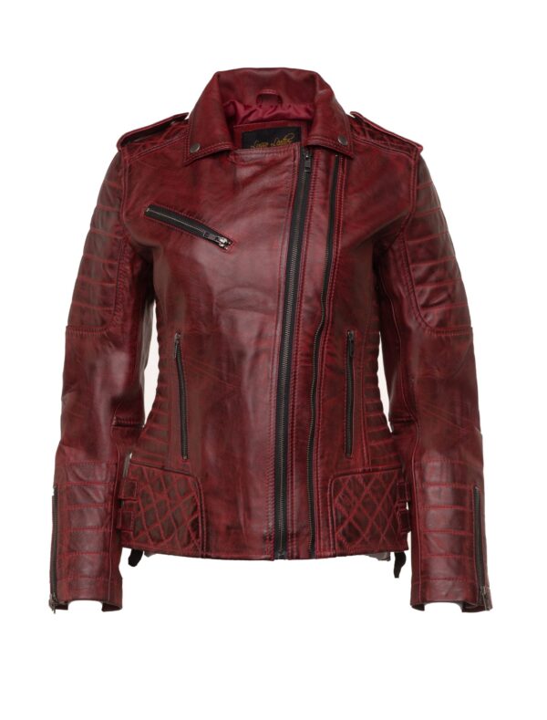 Marissa’s Antique red diamond quilted leather jacket with double zipper - Image 3