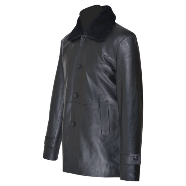 Eric’s black leather car coat with fur collar - Image 3