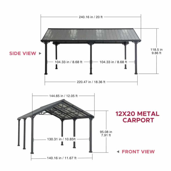 AutoCove 12×20 Gray Steel Frame Gable Roof Metal Carport/Gazebo with 2 Ceiling Hooks - Image 19