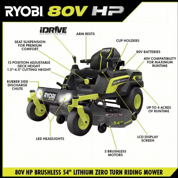 80V HP Brushless 54 In. Battery Electric Cordless Zero Turn Riding Mower (3) 80V Batteries (4) 40V Batteries and Charger - Image 5