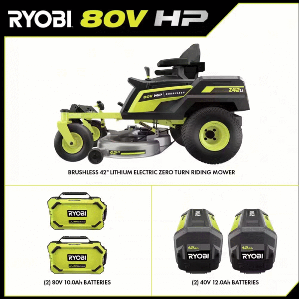 80V HP Brushless 42 In. Battery Electric Cordless Zero Turn Riding Mower (2) 80V Batteries (2) 40V Batteries and Charger - Image 2